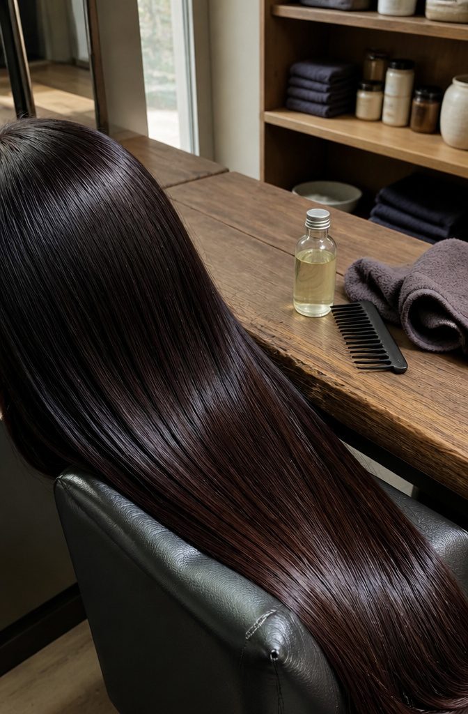 Dark glossy hair draped over a chair back with visible fine strands