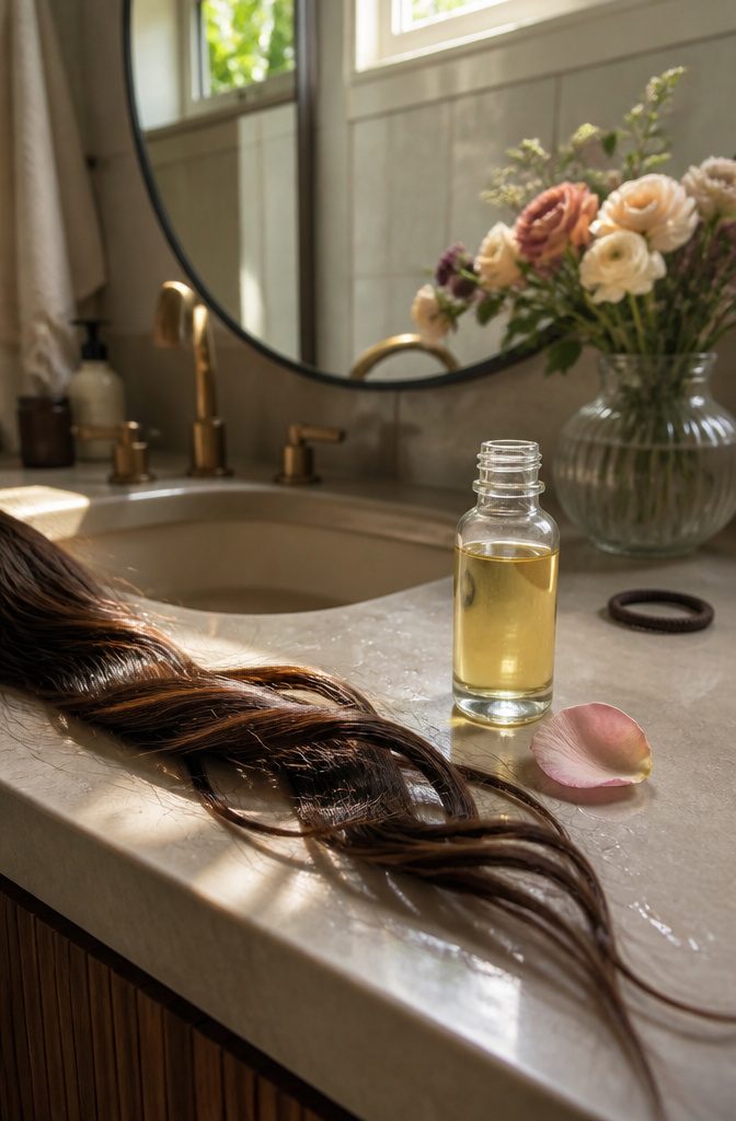 Glossy hair strand beside an open glass oil bottle and rose petal