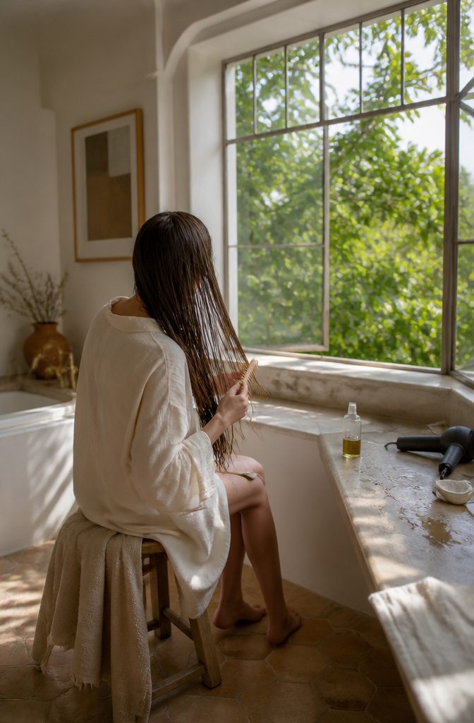 OUAI Hair Oil bottle beside hair styled with heat