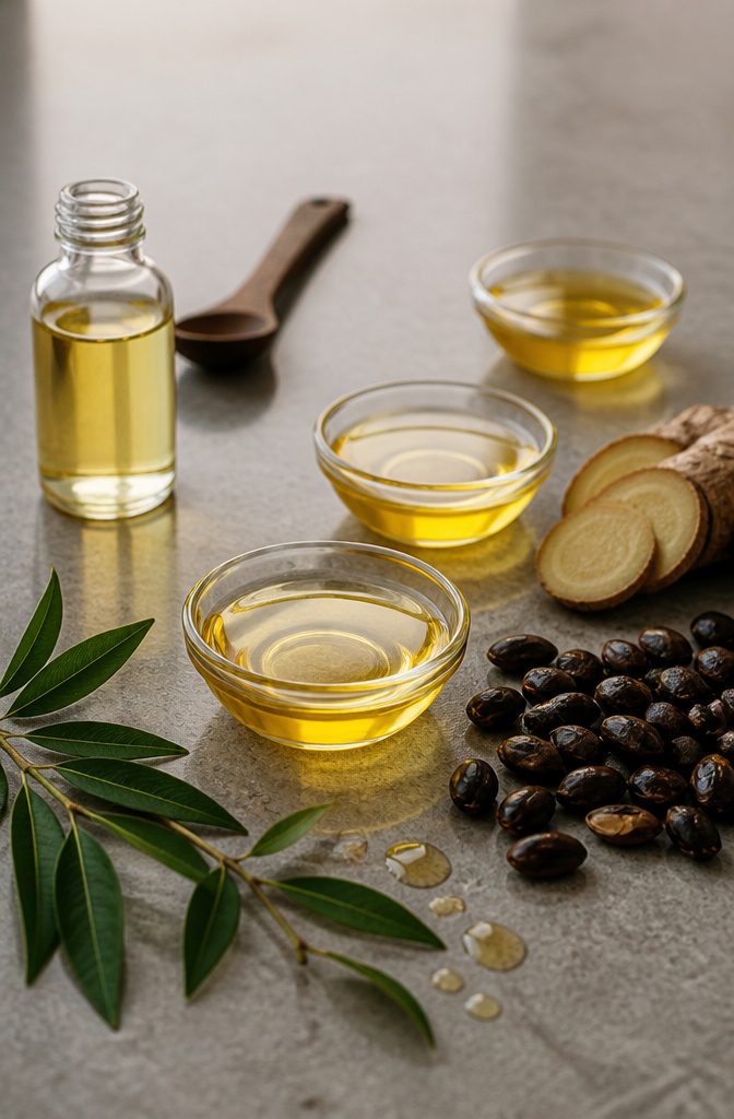 OUAI Hair Oil bottle beside plant oils used in its formula