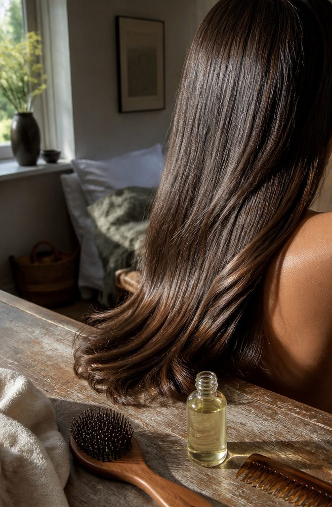 OUAI Hair Oil bottle pictured with glossy smooth hair