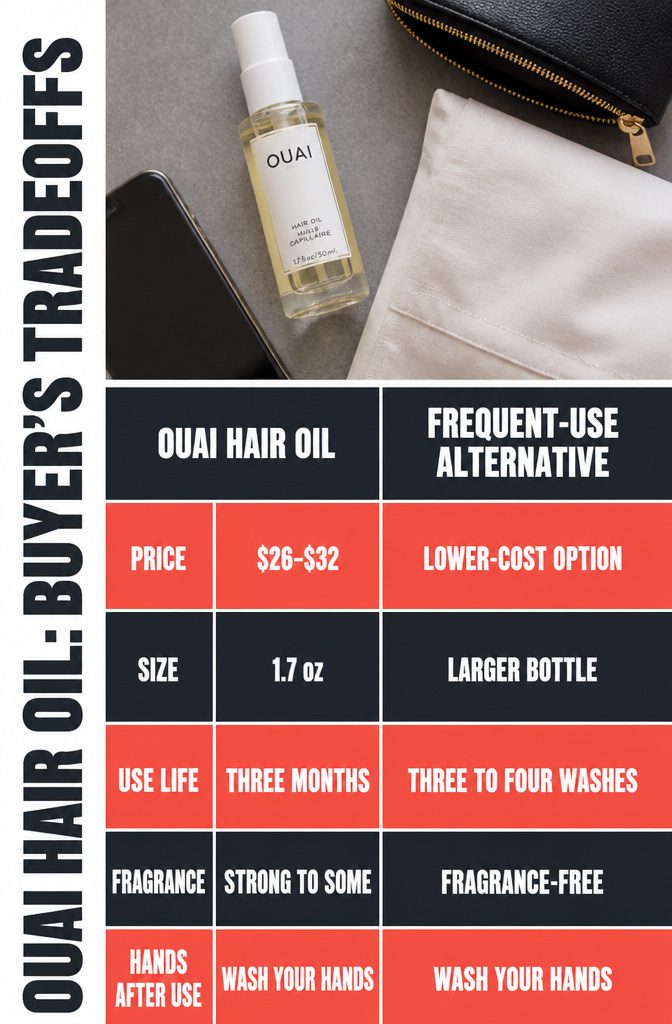 Beauty guide graphic titled OUAI Hair Oil Buyer's Tradeoffs