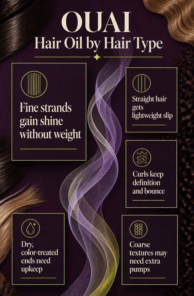 Beauty guide graphic titled OUAI Hair Oil by Hair Type