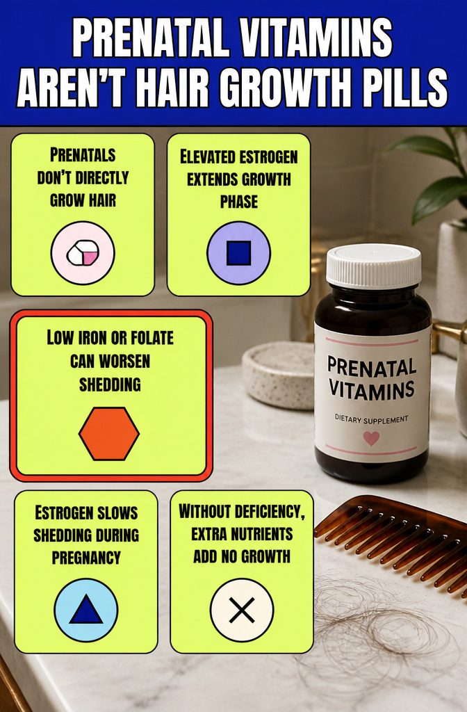 Beauty graphic with the words Prenatal Vitamins Aren’t Hair Growth Pills