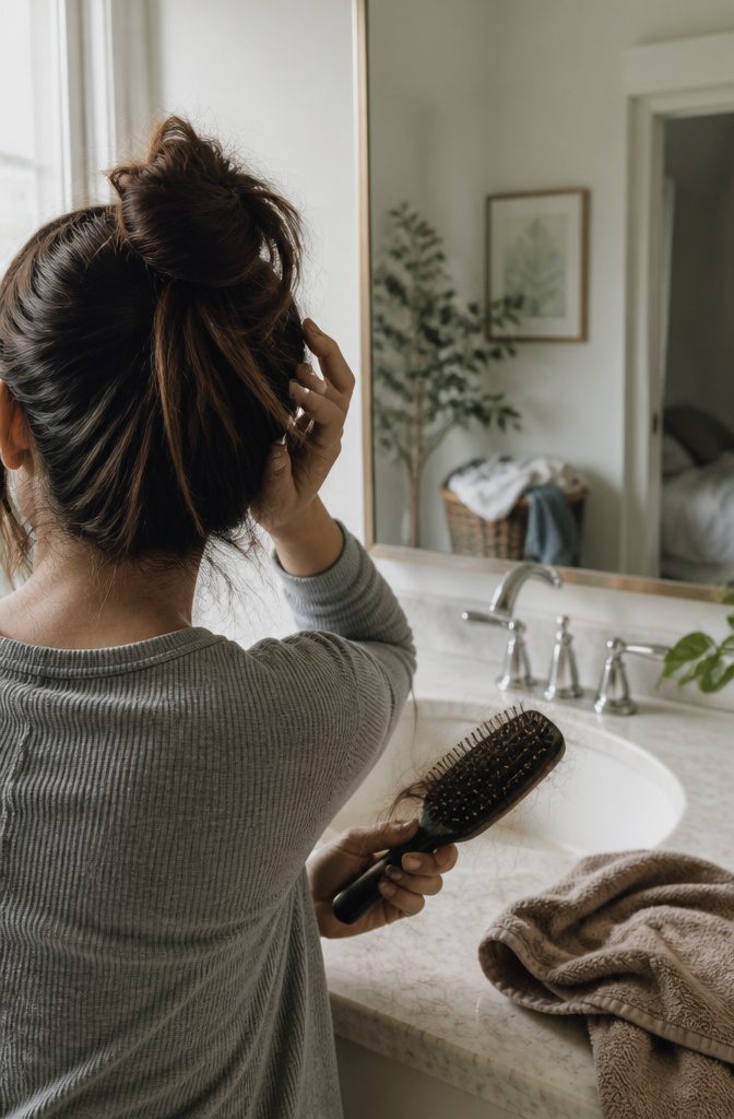 New mother at a bathroom vanity with loose hair on her brush and short temple growth