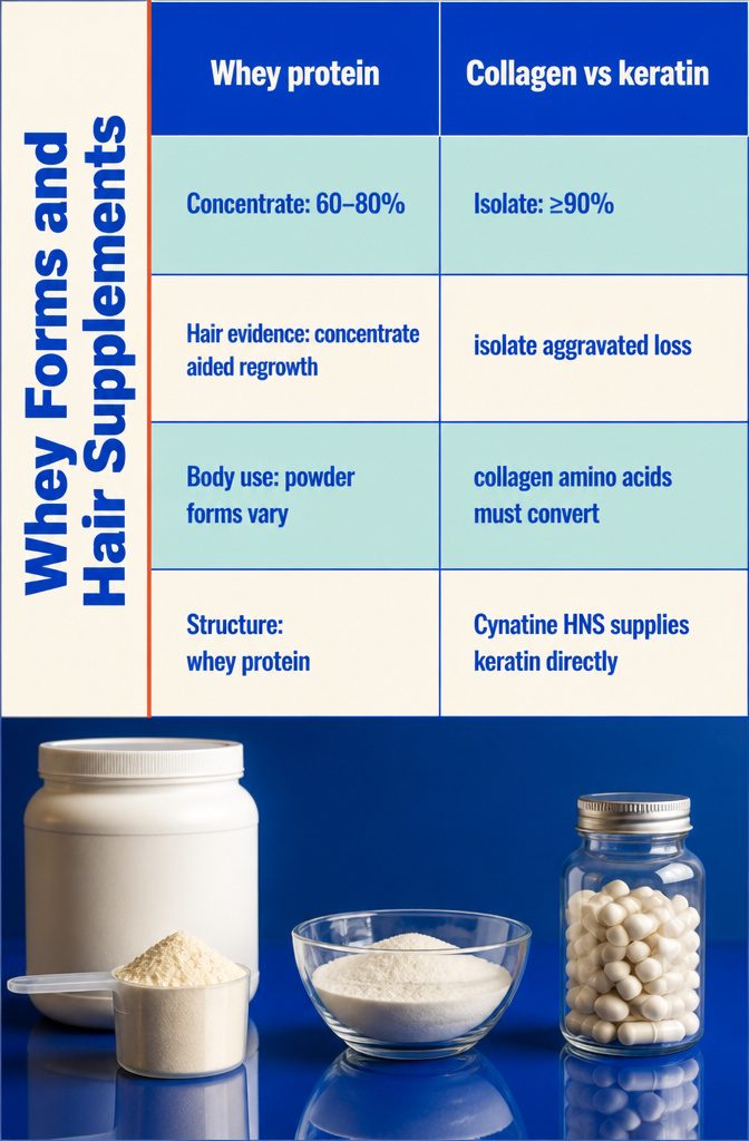 Beauty infographic titled Whey Forms and Hair Supplements