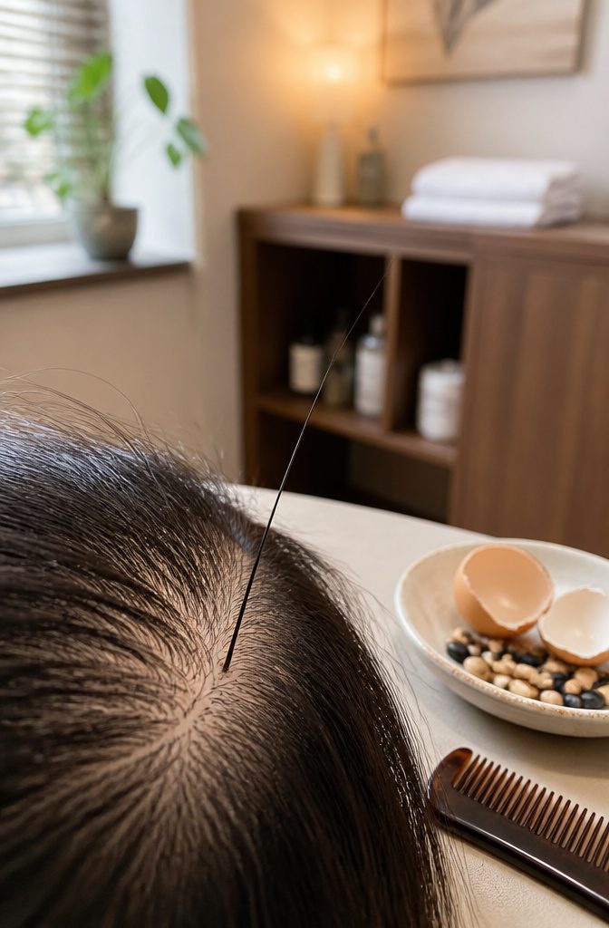 Dark hair shaft emerging from a visible follicle in a textured patch of scalp
