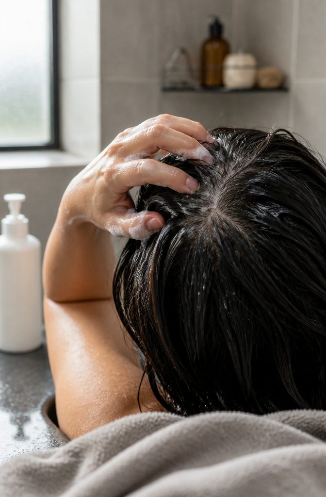 Close view of a scalp with clean hair parted at the roots