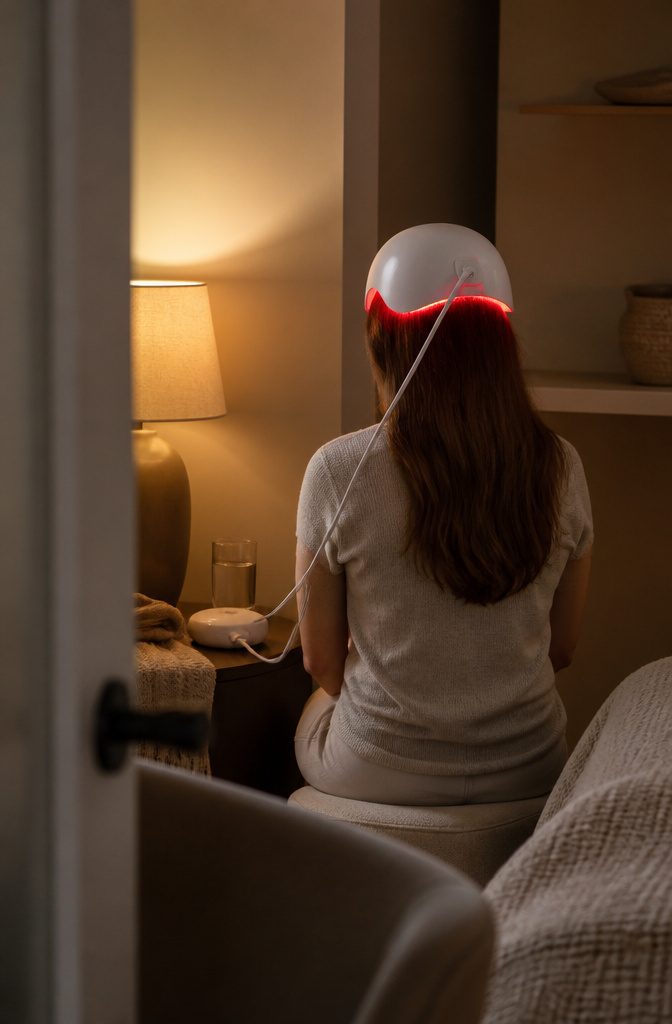 Red light therapy device positioned over a person's scalp