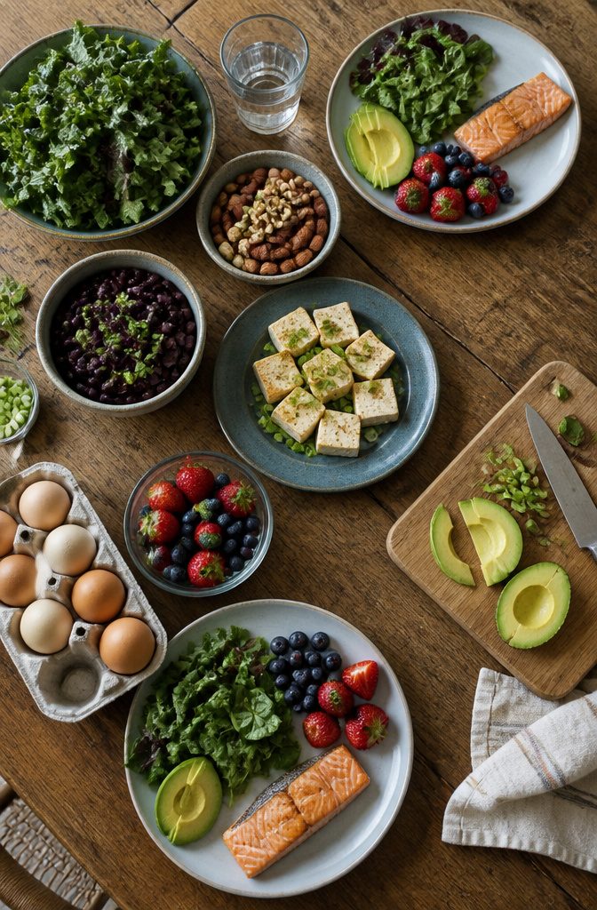 Protein-rich foods arranged on a plate beside leafy greens