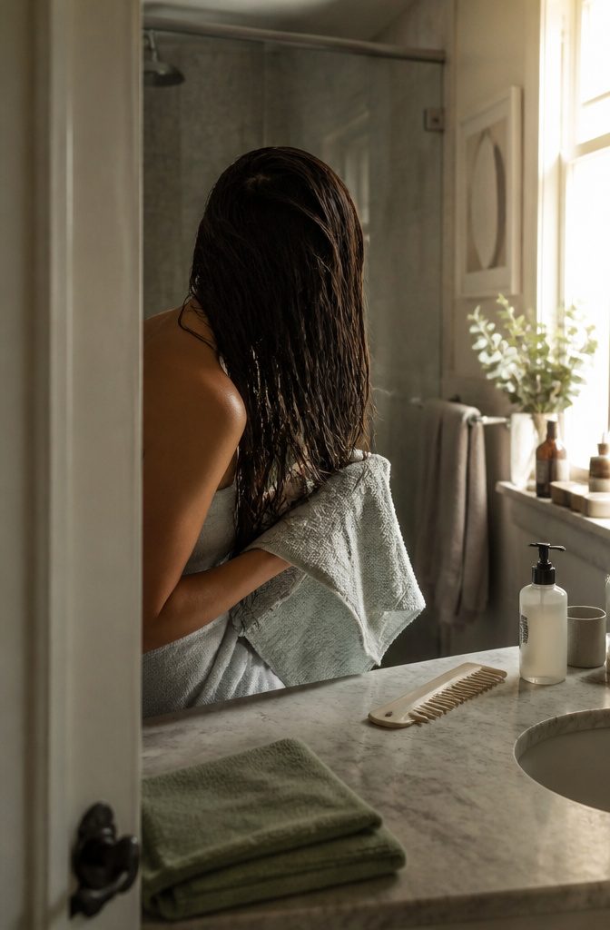 Wet hair over one shoulder beside a microfiber towel and wide-tooth comb