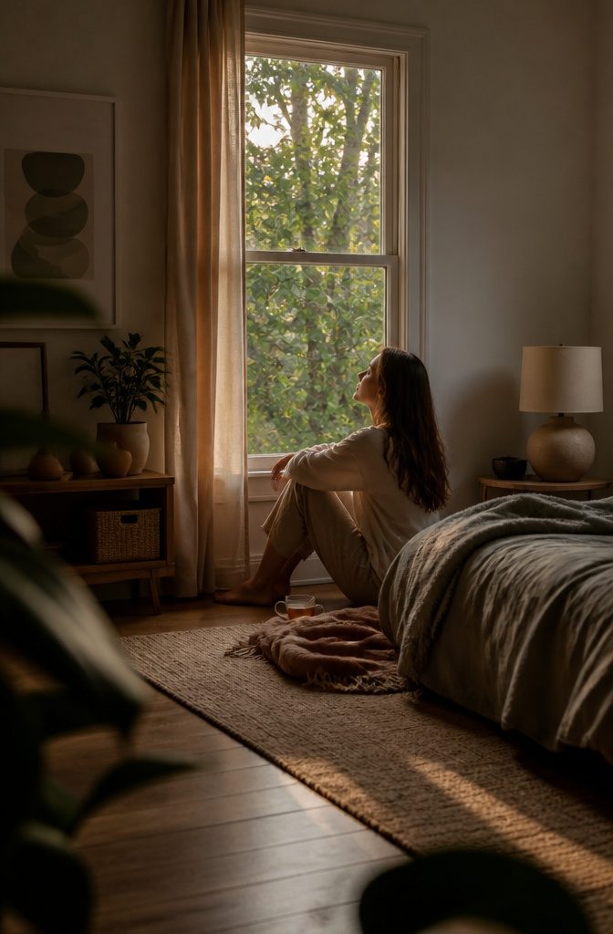 Person resting quietly with eyes closed in a calm room