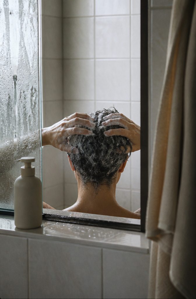 Fingertips massaging shampoo through hair at the crown