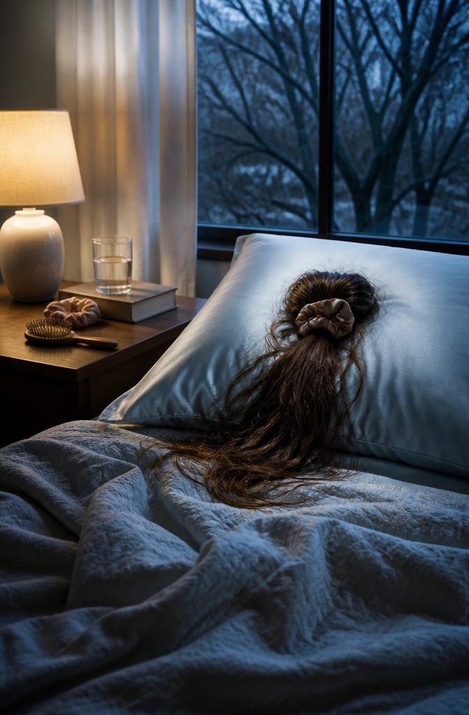 Long dry hair on a silk pillowcase beside a satin scrunchie