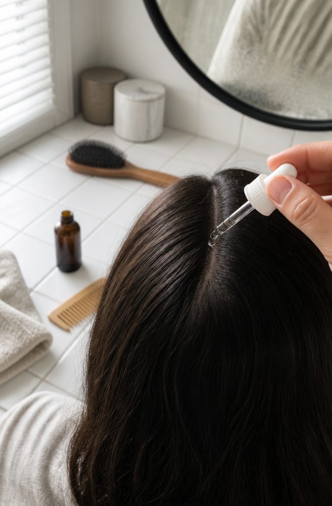 Scalp serum drops applied along a parted section of hair