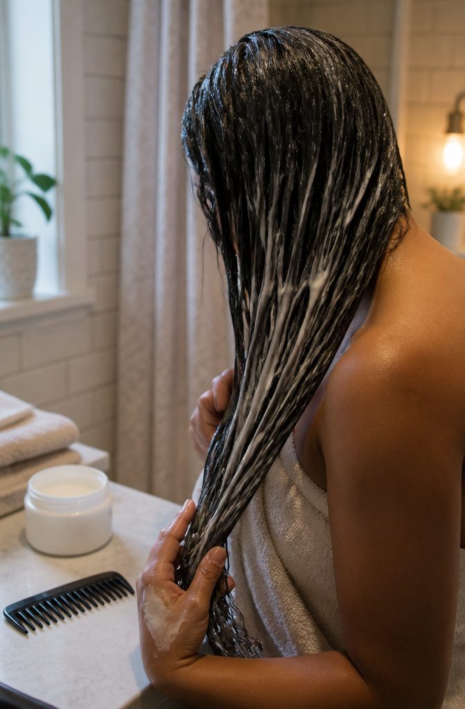 Hair coated with a conditioning mask during treatment