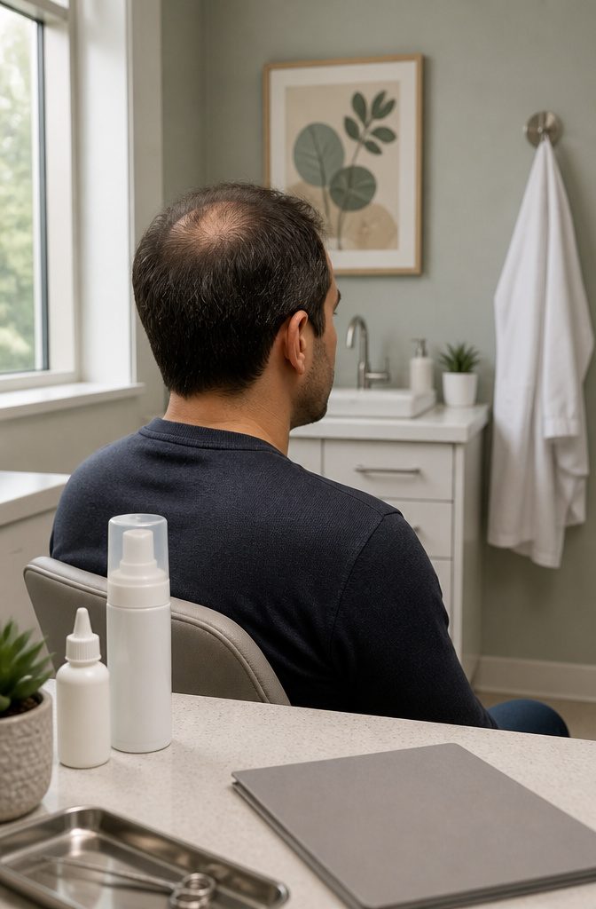 Hands applying topical treatment to a thinning scalp
