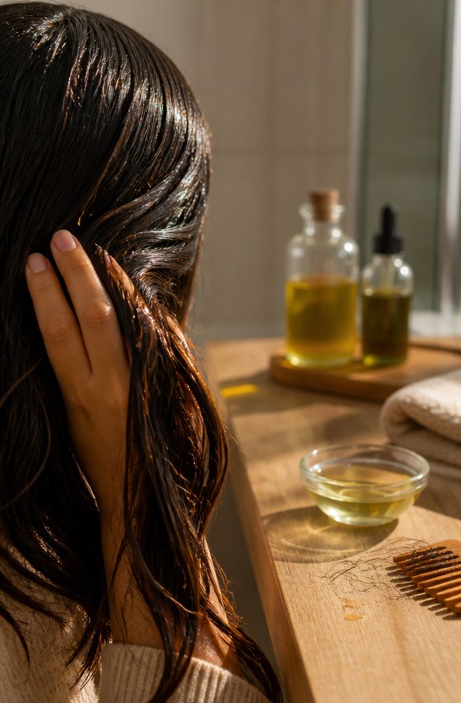 Hands applying oil to the scalp and long hair