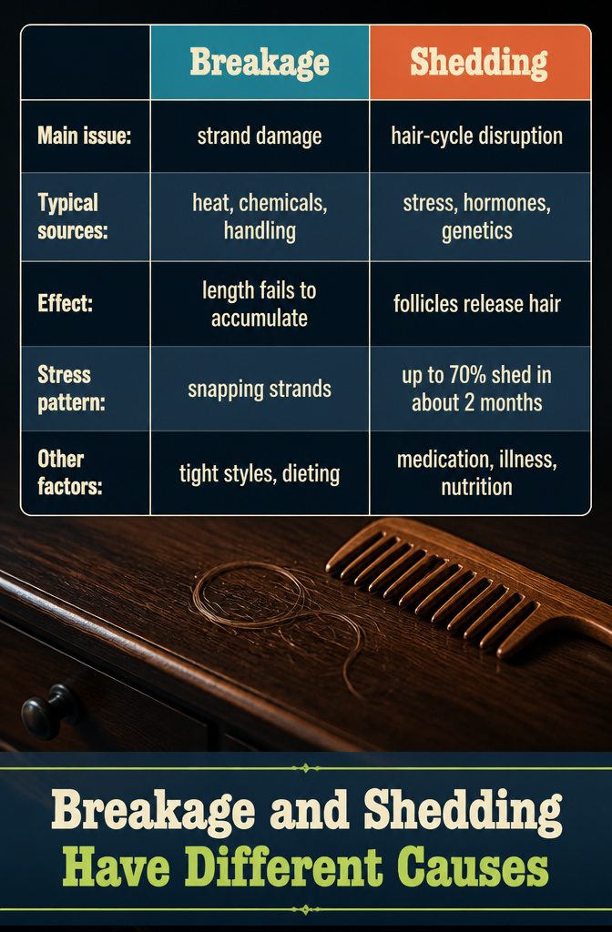 Beauty graphic comparing causes of hair breakage and shedding