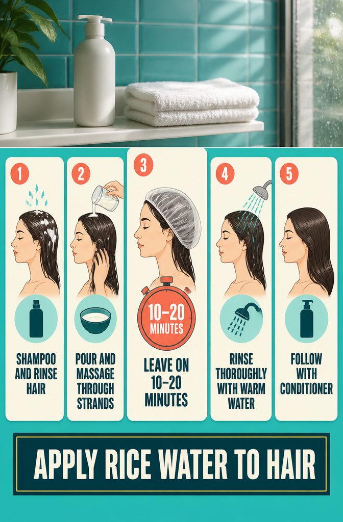 Beauty infographic showing rice water application to hair