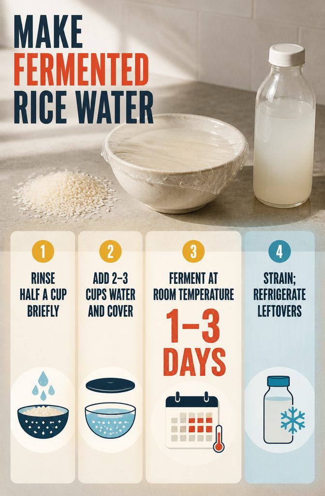 Beauty infographic with steps for fermenting rice water
