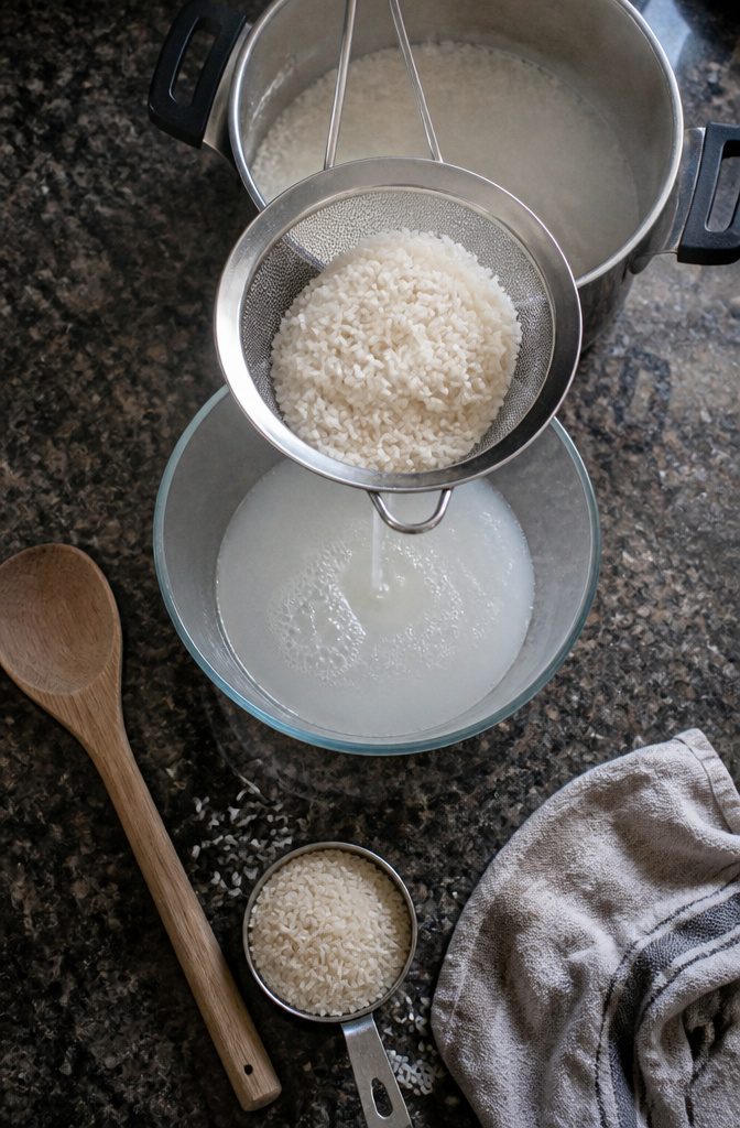 Rice water being strained from cooked rice into a bowl