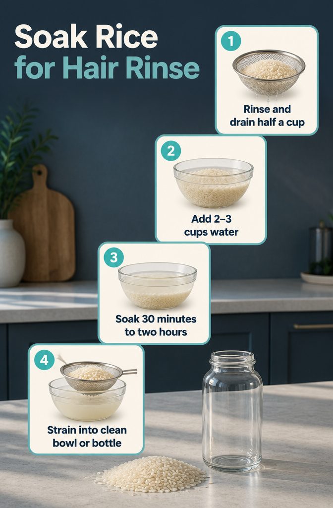 Beauty infographic showing rice soaking in water for a hair rinse