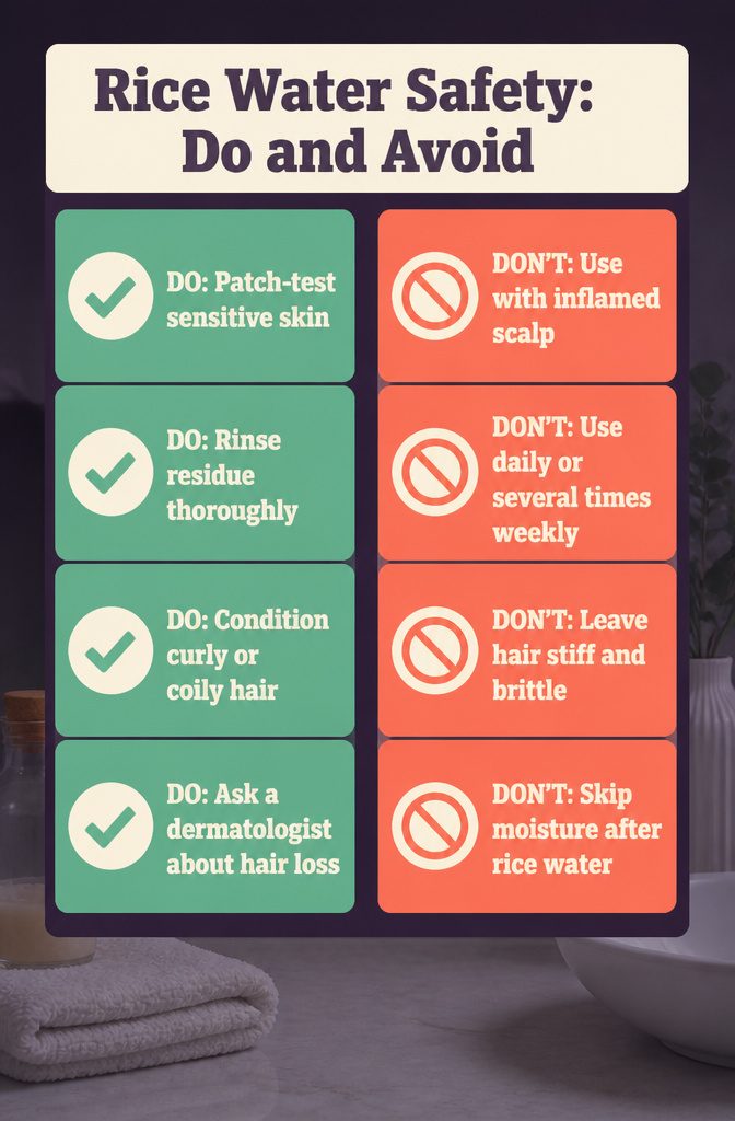 Beauty infographic listing rice water safety do's and don'ts