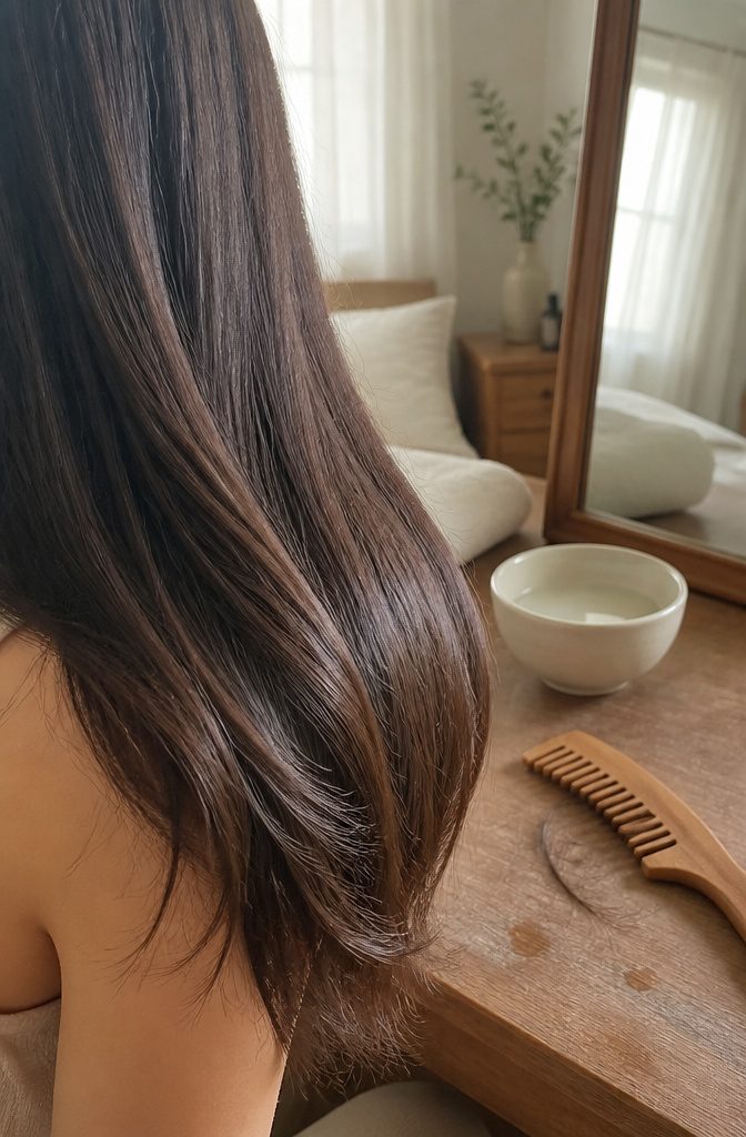 Long smooth hair over a shoulder with shiny highlights and neat ends