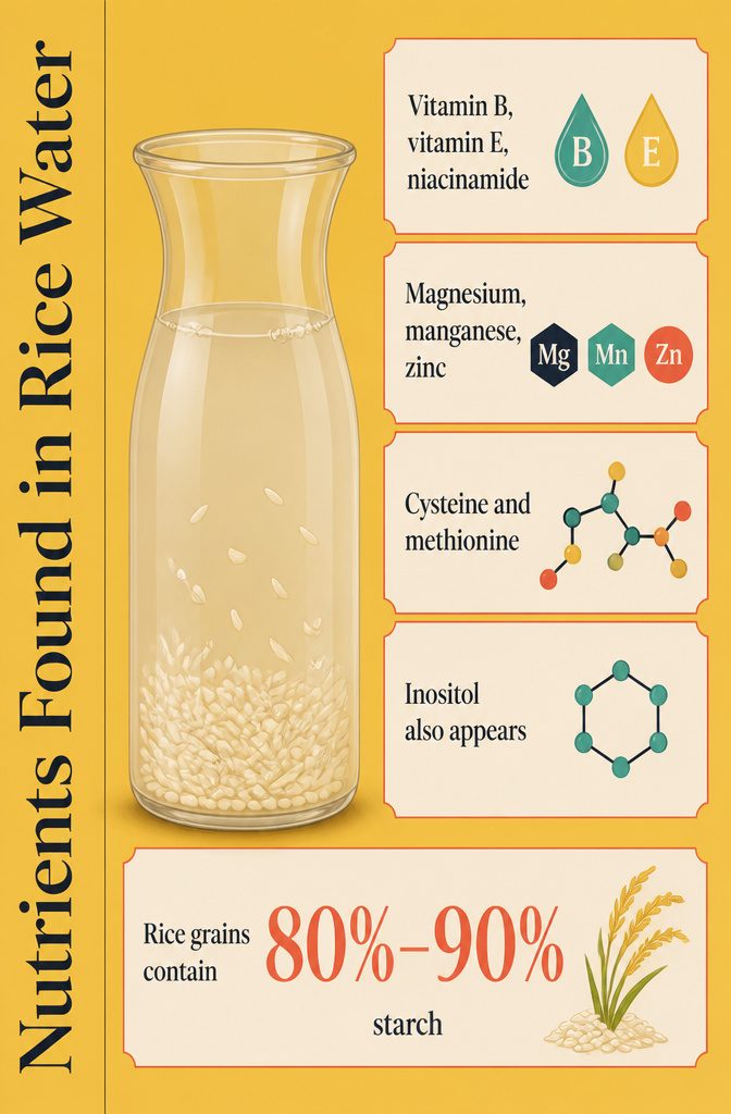 Beauty infographic listing nutrients found in rice water