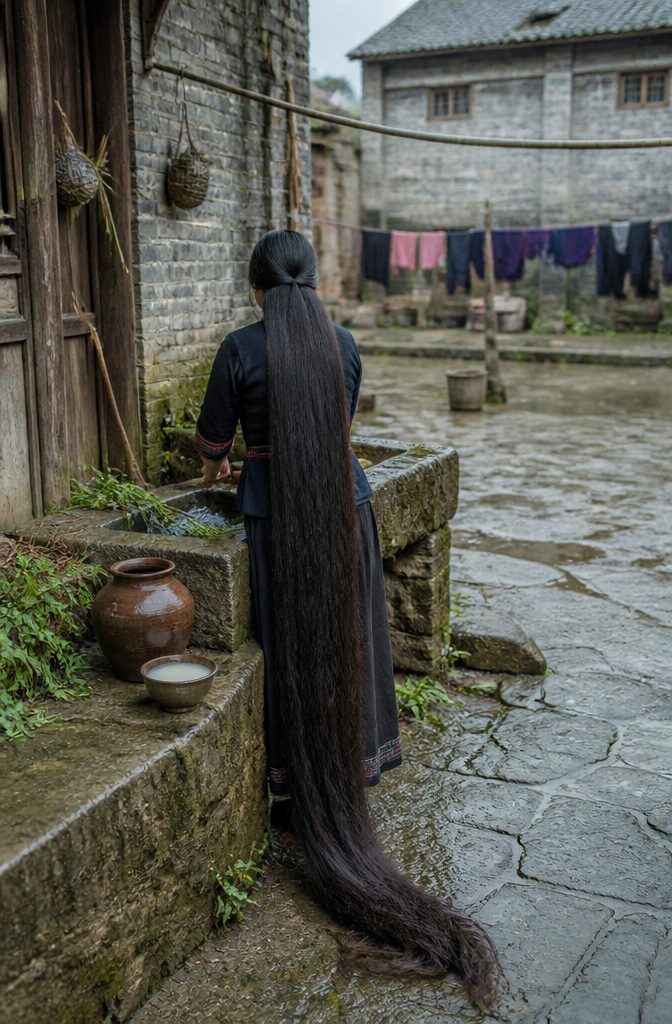 Long dark hair shown over a shoulder in a traditional hair care article