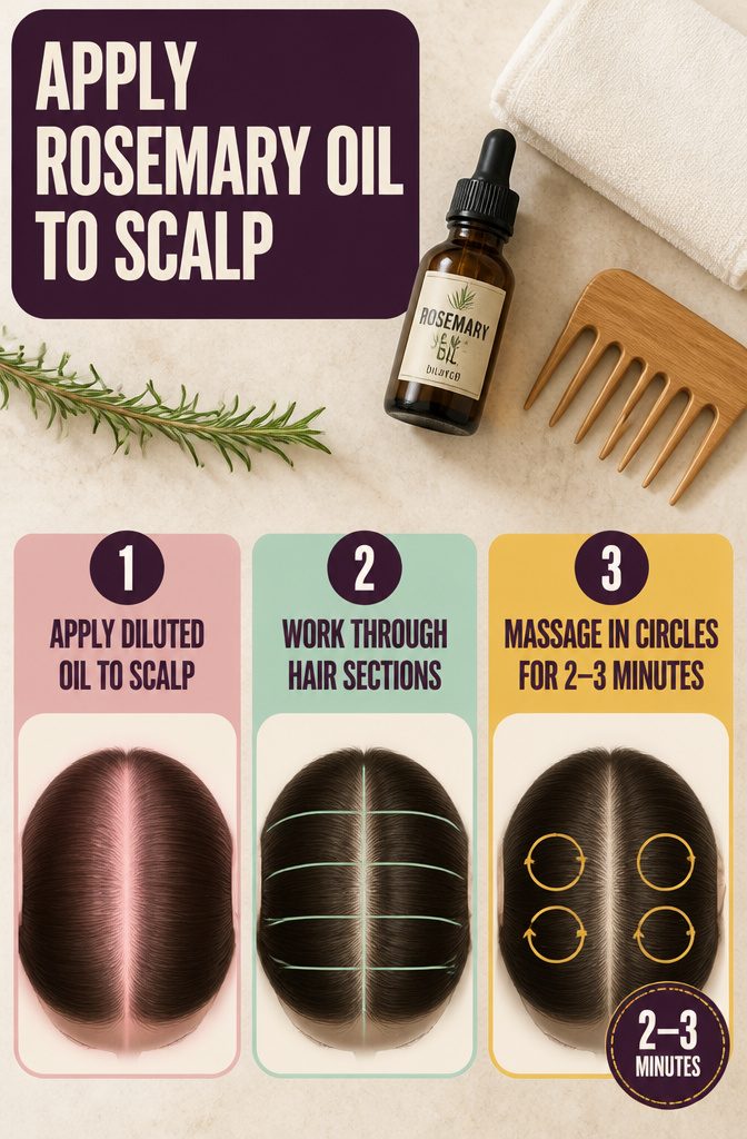 Rosemary oil application infographic showing scalp treatment