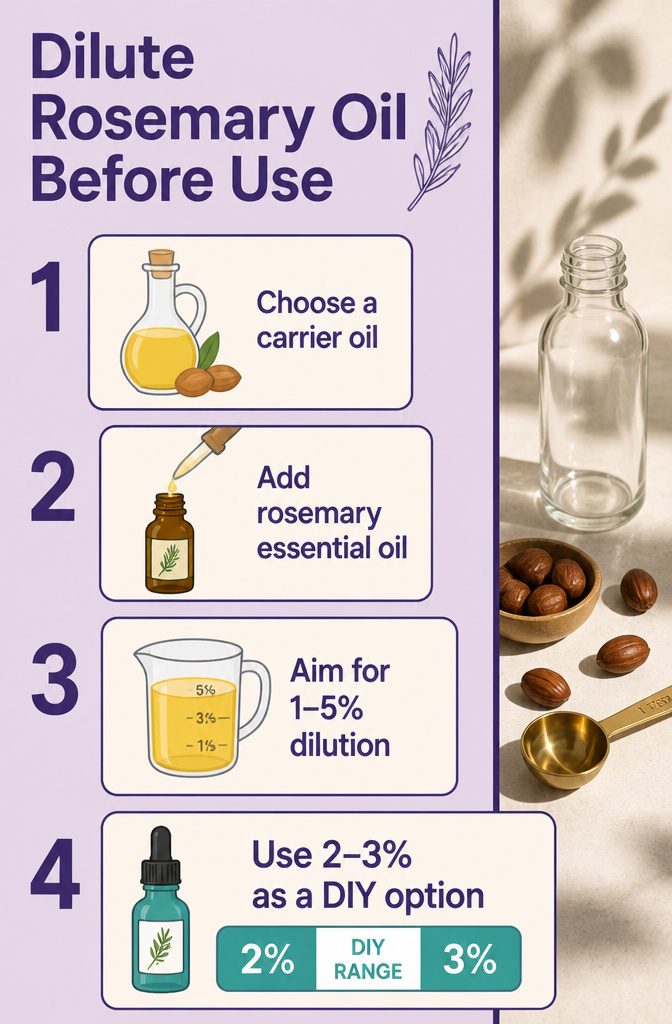 Rosemary oil dilution infographic with a carrier oil reminder