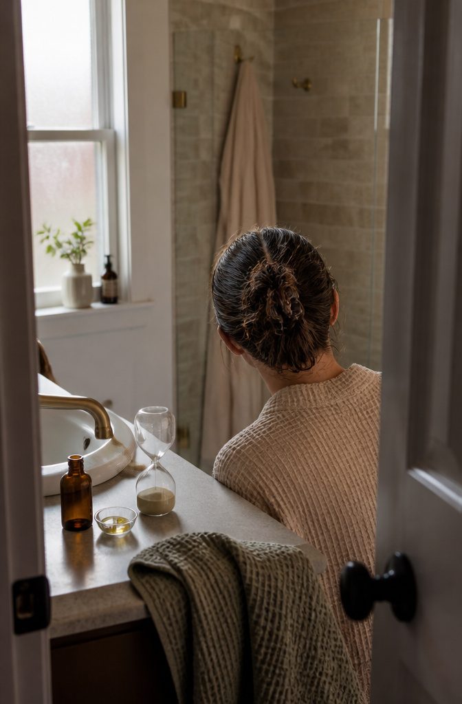 Diluted rosemary oil along a visible hair part before rinsing