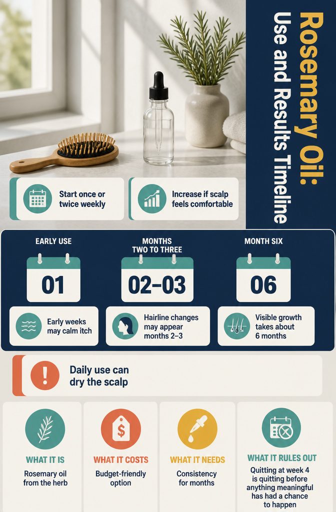 Rosemary oil timeline infographic about use and results