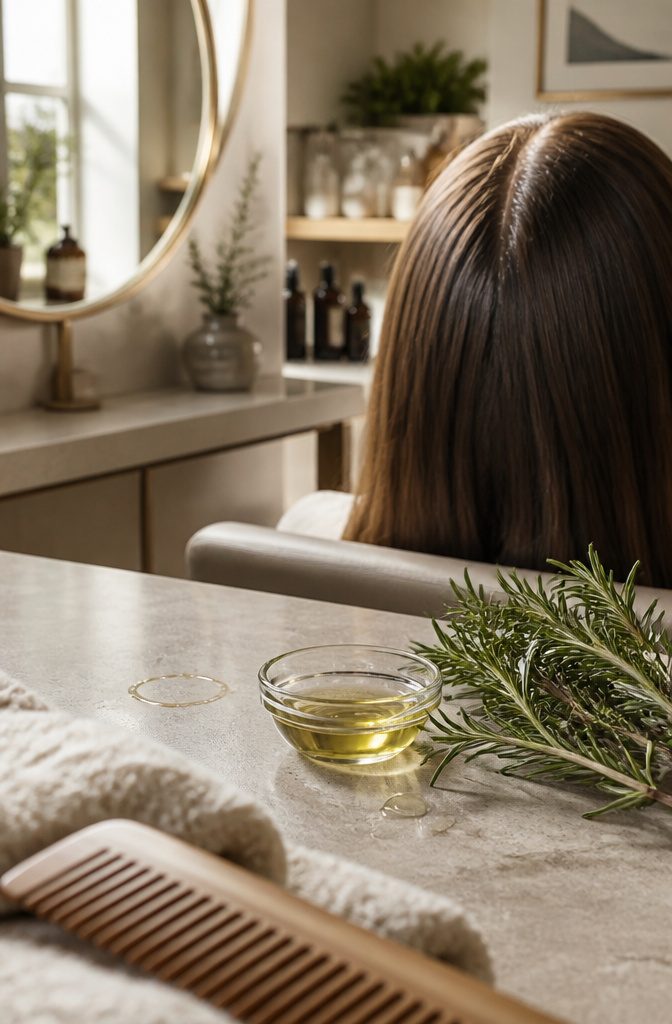 Rosemary sprig and clear green-gold oil beside a scalp part