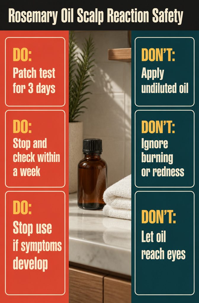 Rosemary oil safety infographic about possible scalp reactions