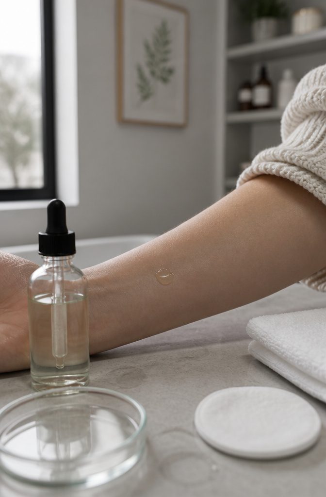 Diluted rosemary oil dab on an unmarked inner forearm beside a dropper