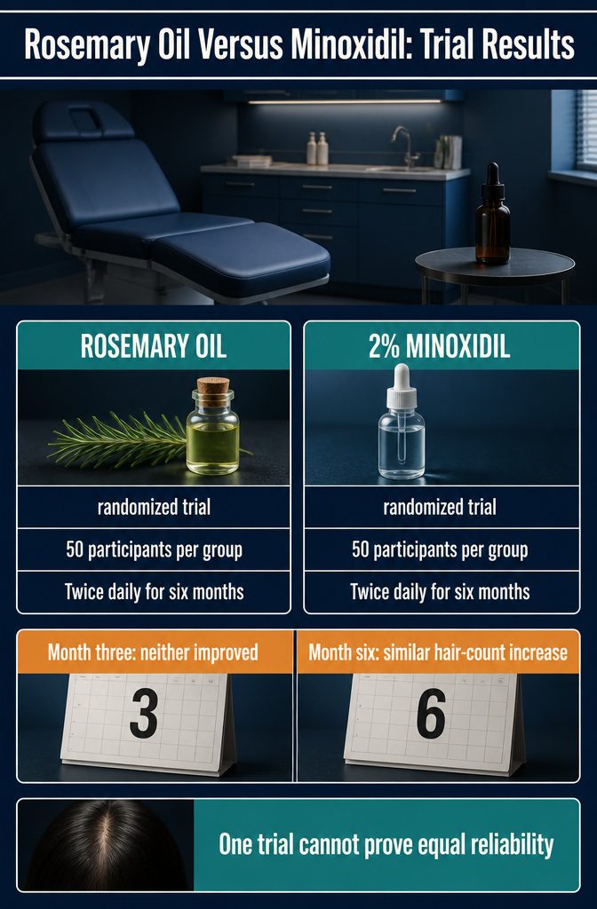 Beauty infographic comparing rosemary oil and minoxidil trial results
