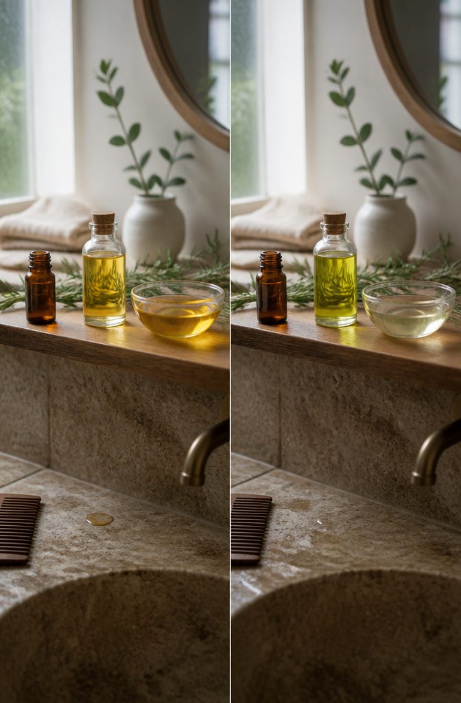Rosemary oil beside hair care ingredients on a surface