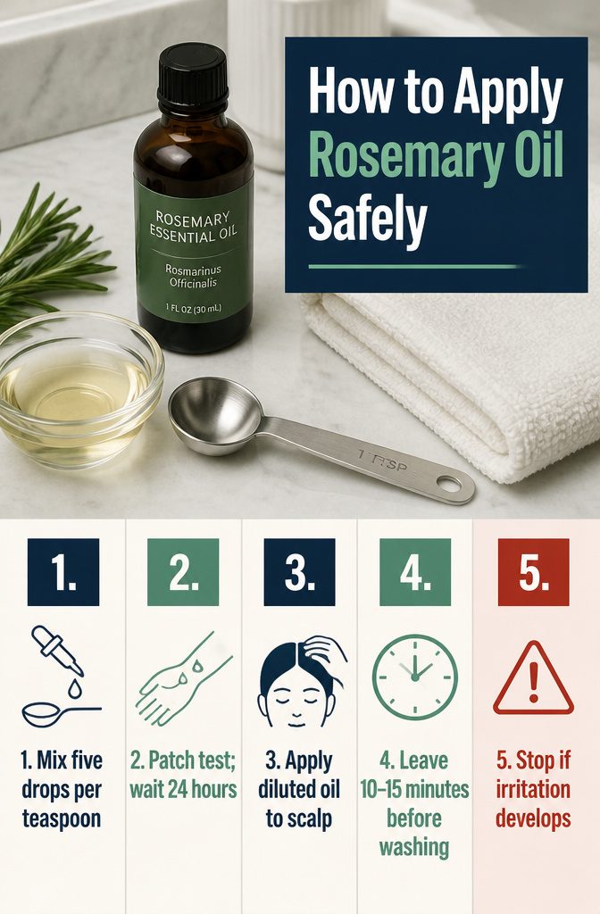 Beauty infographic with instructions for applying rosemary oil safely