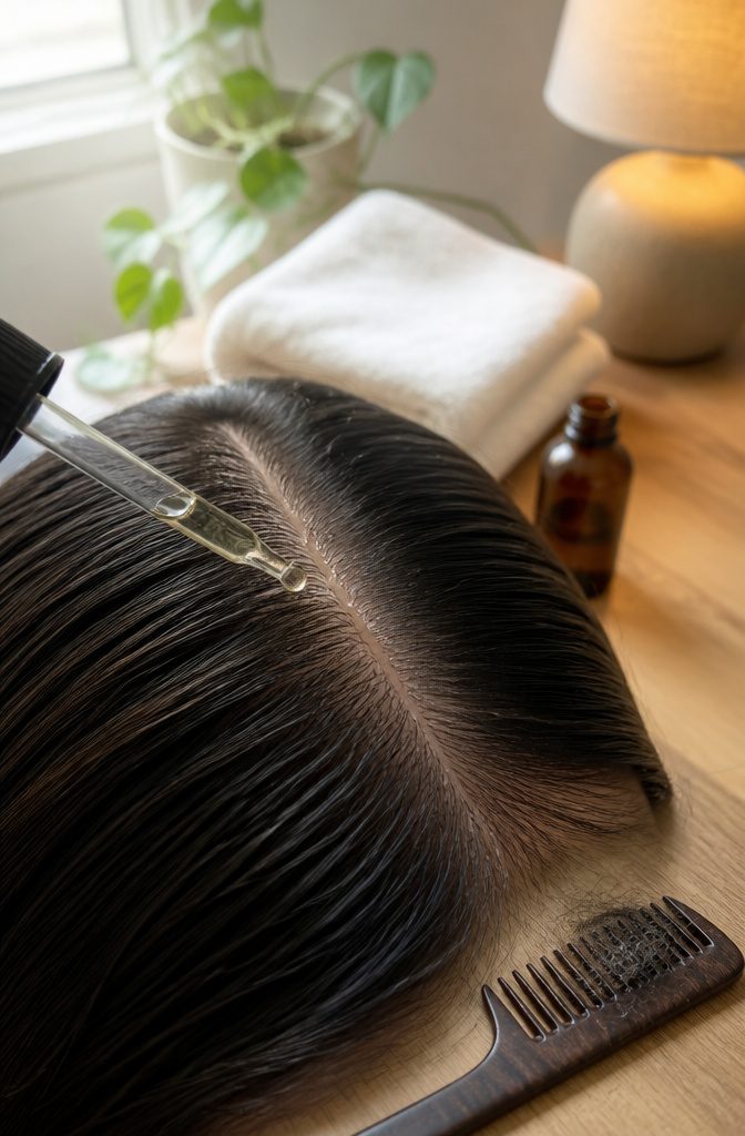 Parted hair revealing scalp and roots with clear oil along the part