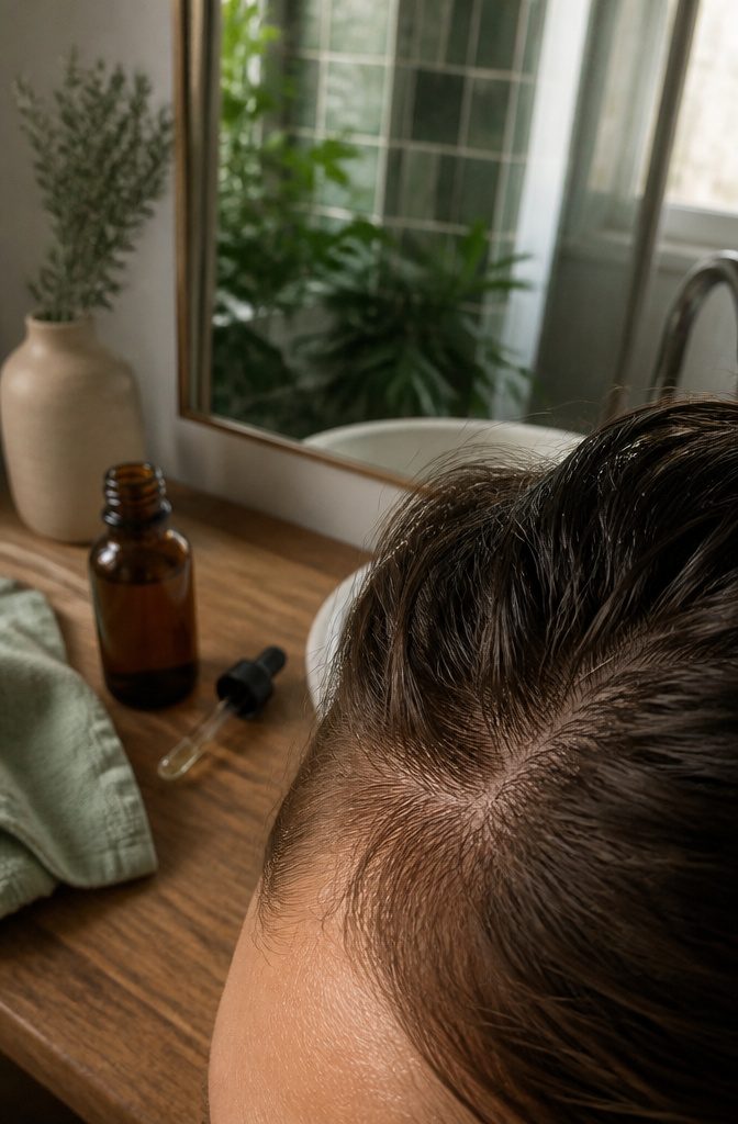 Parted hairline with fine baby hairs and visible scalp