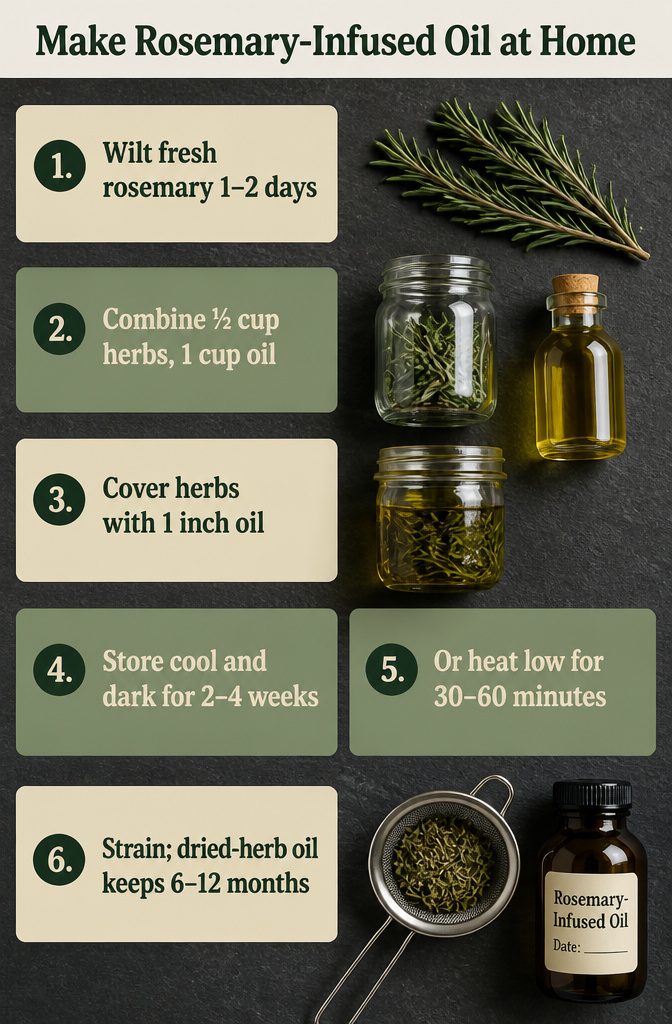 Beauty infographic with steps for making rosemary infused oil