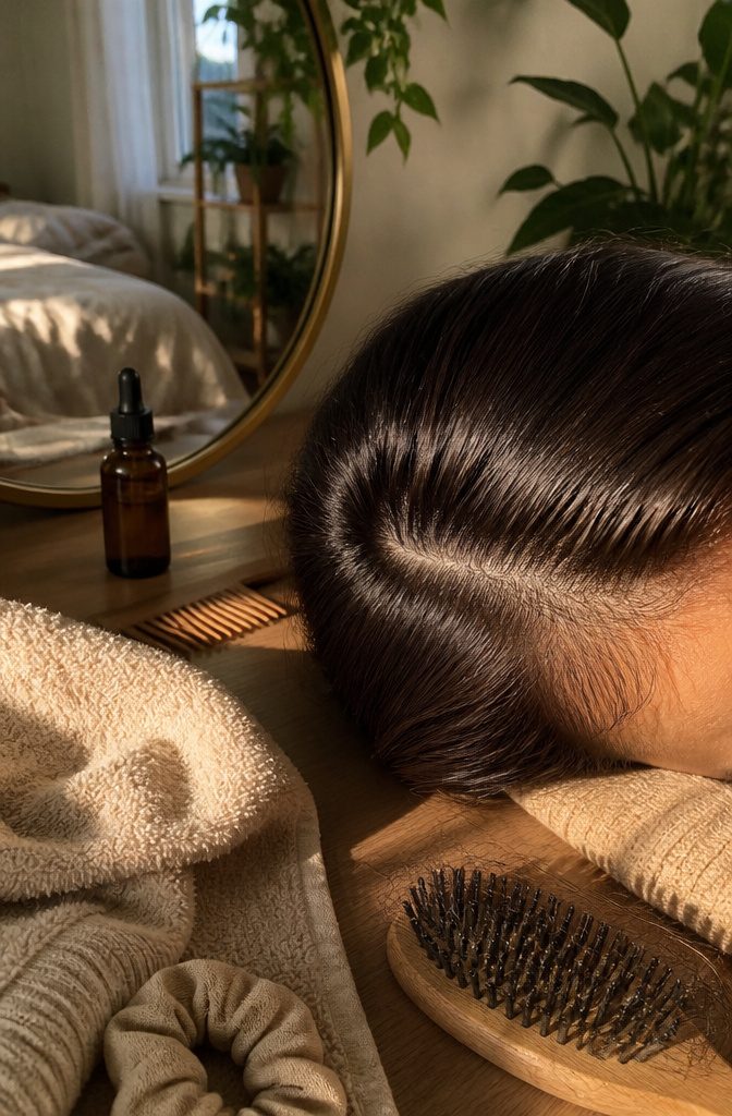 Hairline with fine sprouts among short temple hairs and a pre-wash oil bottle