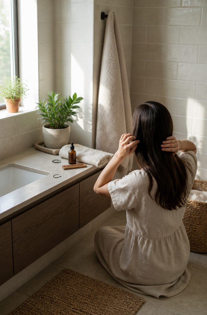 Hair care products arranged beside a scalp care item