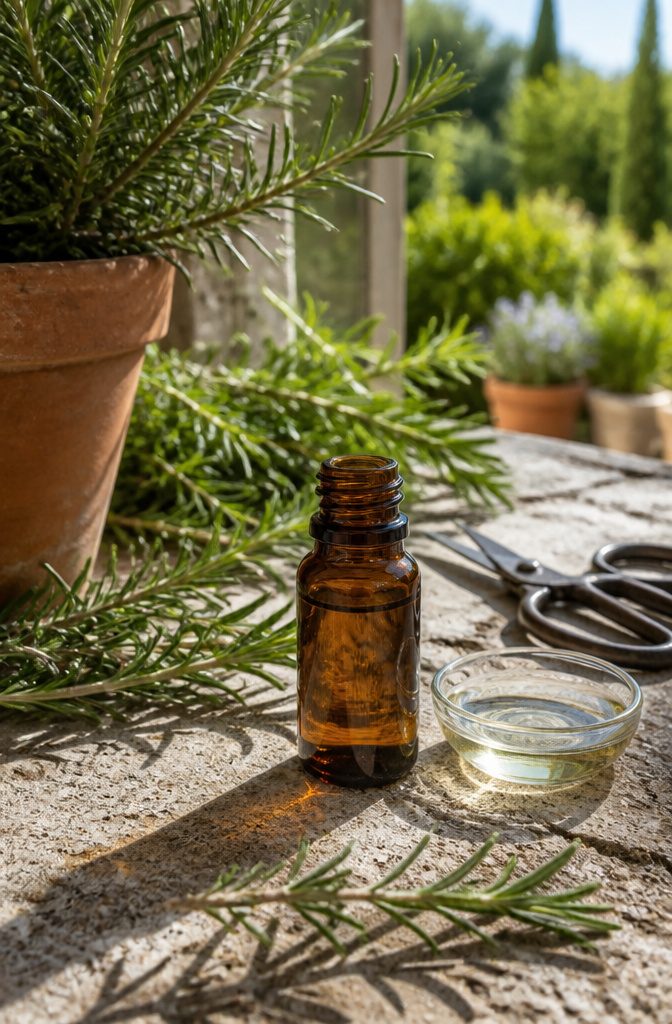 Rosemary leaves beside a bottle of essential oil