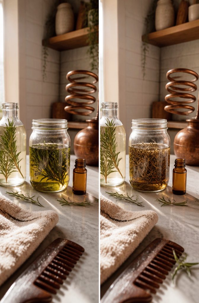 Rosemary sprigs beside a bottle of oil on a neutral background