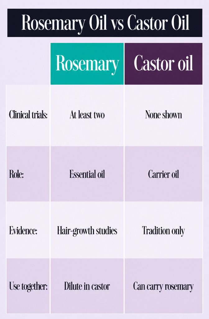 Beauty infographic titled Rosemary Oil vs Castor Oil