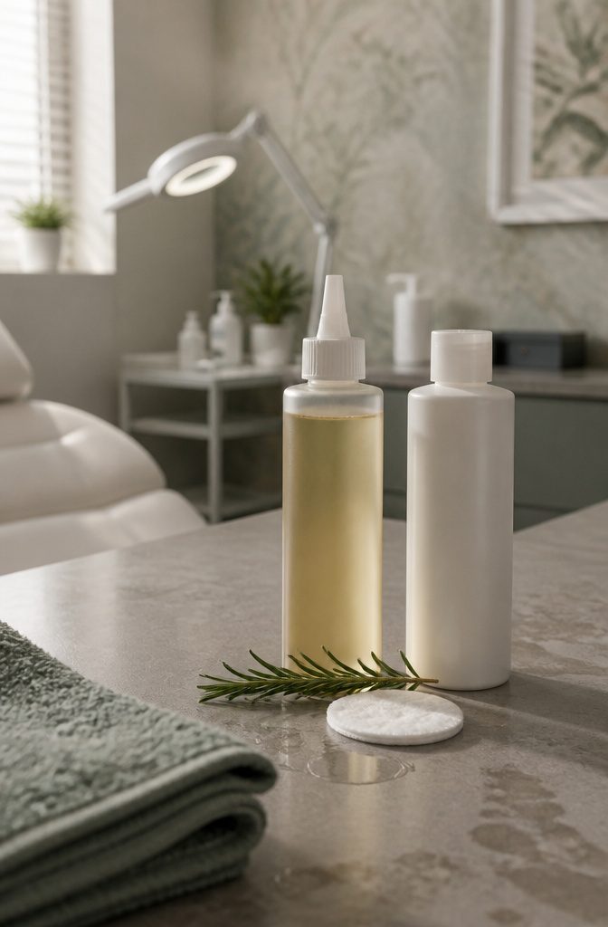 Rosemary extract lotion beside medicated lotion, rosemary sprig, and cotton pad